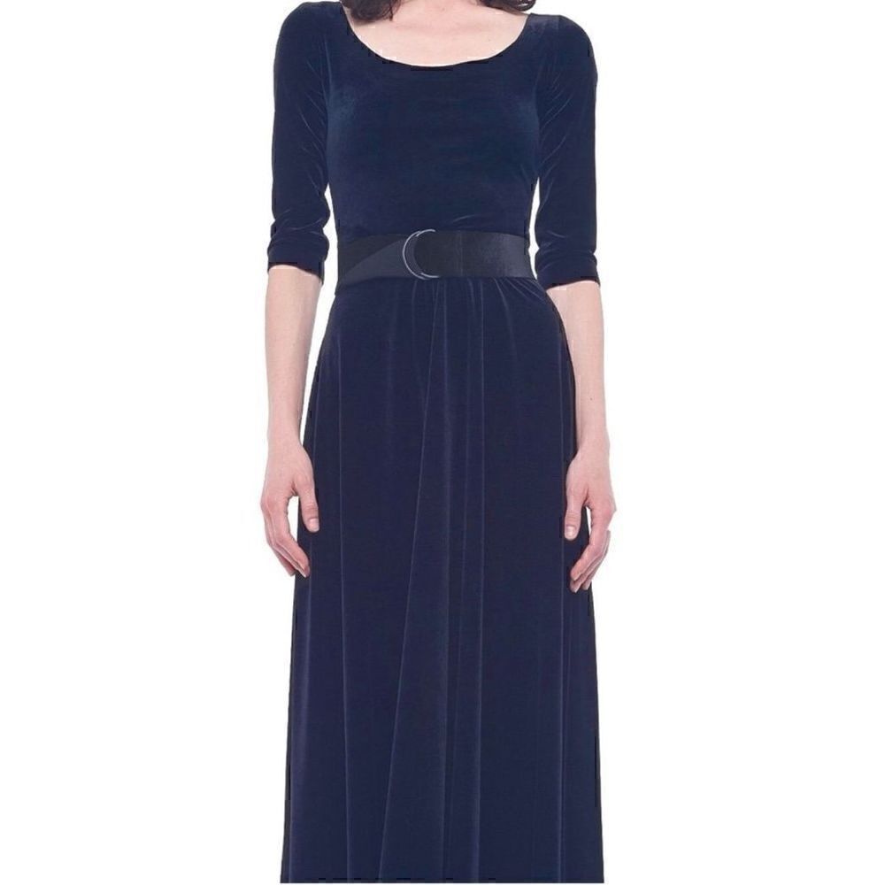 Norma Kamali Women’s Midnight Navy Velvet Scoop Neck 3/4 Sleeve Flare Skater Mid